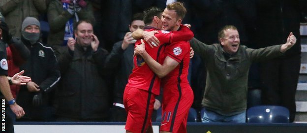 Jordan Rhodes and Ben Marshall celebrate a Blackburn Rovers goal