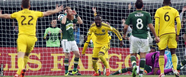 Kei Kamara celebrates scoring for Columbus Crew against Portland Timbers in the MLS Cup final