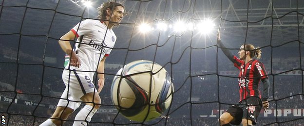 Edinson Cavani celebrates after putting Paris St-Germain ahead against Nice