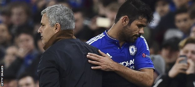 Chelsea manager Jose Mourinho embraces striker Diego Costa