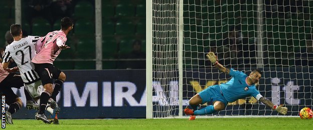 Stefano Sturaro scores Juventus' second goal in a 3-0 win at Palermo