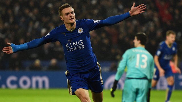 Leicester City striker Jamie Vardy celebrates after scoring against Chelsea in the Premier League