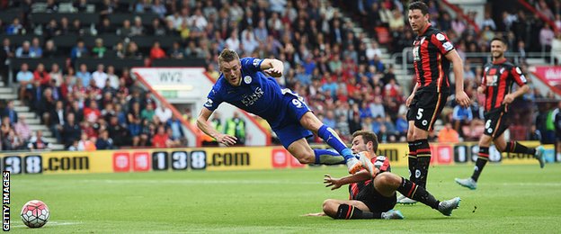 Jamie Vardy scores against Bournemouth