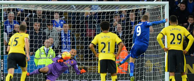 Jamie Vardy scores against Watford