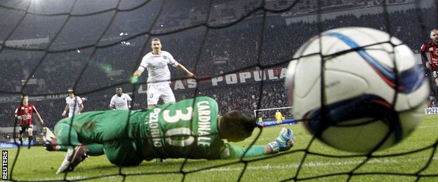 Zlatan Ibrahimovic scores from the penalty spot for Paris St-Germain against Nice