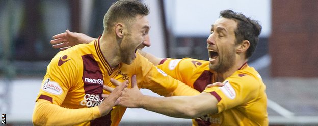 Motherwell strikers Louis Moult and Scott McDonald celebrate