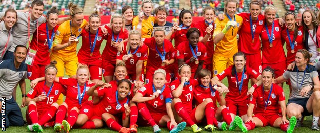 England women celebrate finishing third at the World Cup