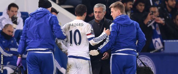 Chelsea's Eden Hazard had to go off after just half an hour following a challenge by Vardy