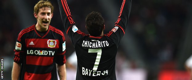 Javier Hernandez celebrates scoring for Bayer Leverkusen against Borussia Monchengladbach