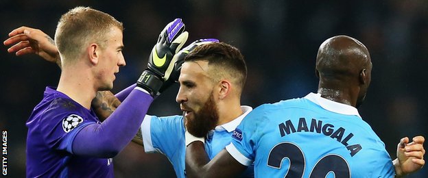 Man City goalkeeper Joe Hart with Nicolas Otamendi and Eliaquim Mangala