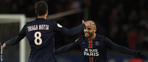 Paris St-Germain's Layvin Kurzawa (right) celebrates team-mate Thiago Motta during the win over Troyes