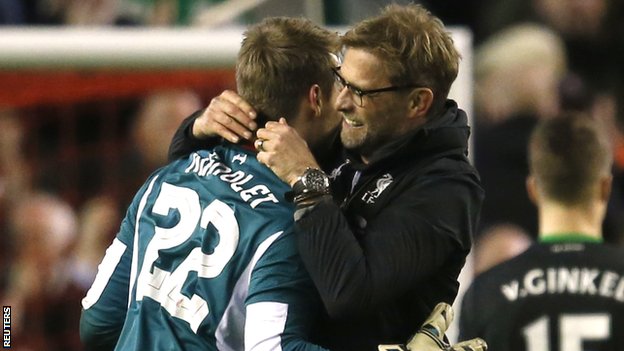 Simon Mignolet and Jurgen Klopp