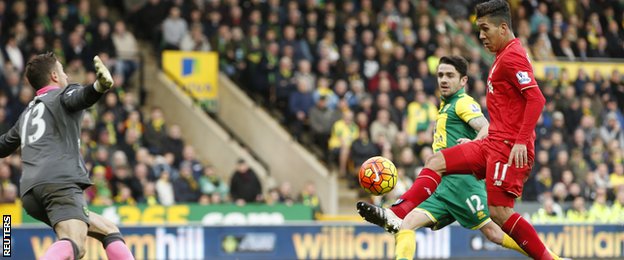 Roberto Firmino scores for Liverpool against Norwich